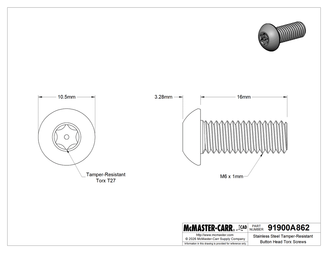 Technical Drawing of Stainless Steel Tamper-Resistant Button Head Torx Screws, M6 x 1.00mm Thread, 16mm Long.